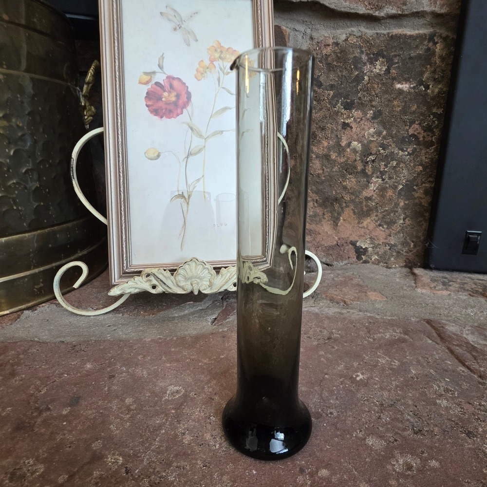 Colony Glass Italy Handmade Bud Vase Smoky Grey Ombre Spouted Cylinder 8.5 Inch